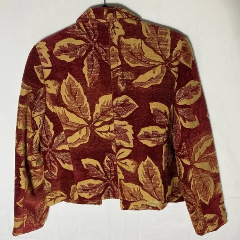 Harvé Benard Red Yellow Chenille Leaf Print Tapestry Open Front Blazer Jacket S - Picture 13 of 14